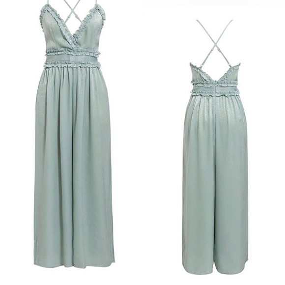 Chic Wide leg pants green ruffled jumpsuit summer - Picture 2 of 6